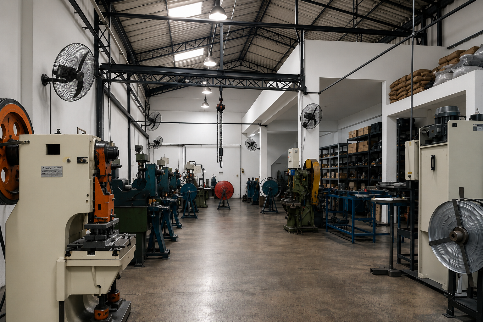 Área de produção industrial da Embracorte com máquinas para fabricação de serras e abrasivos