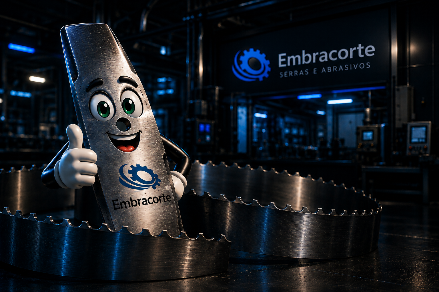 Mascote da Embracorte em ambiente industrial com serras, representando precisão, qualidade e compromisso.