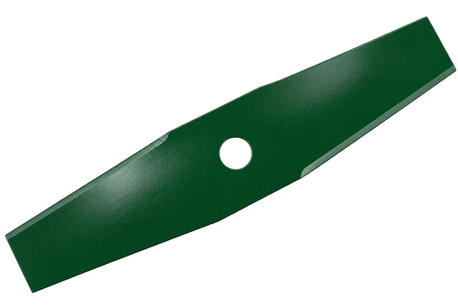 Lâmina para roçadeira de duas pontas Embracorte, em aço cromo vanádio com pintura eletrostática verde escura, com furo central e afiação lateral, vista em posição diagonal.